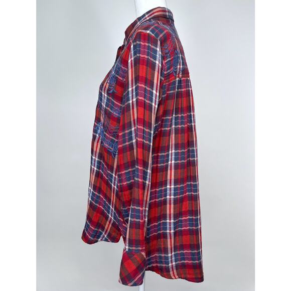 Free People Magical Plaid Embroidered Button Down Top Small Boho Western Fall - Picture 6 of 16